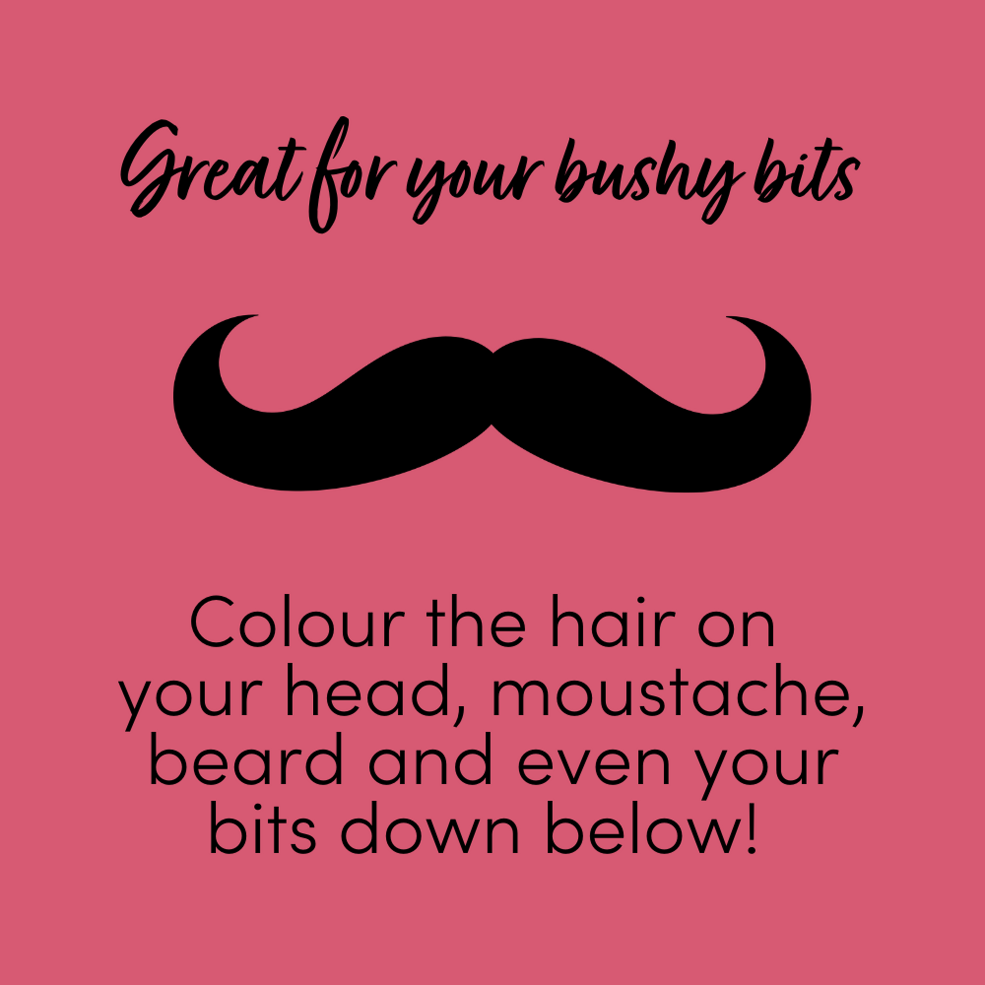 Text on a pink background with a large black mustache graphic. The text above the mustache reads, "Great for your bushy bits". The text below the mustache says, "Colour the hair on your head, moustache, beard and even your bits down below with #10.21 Pearl Blonde Permanent Hair Dye by Oiamiga!