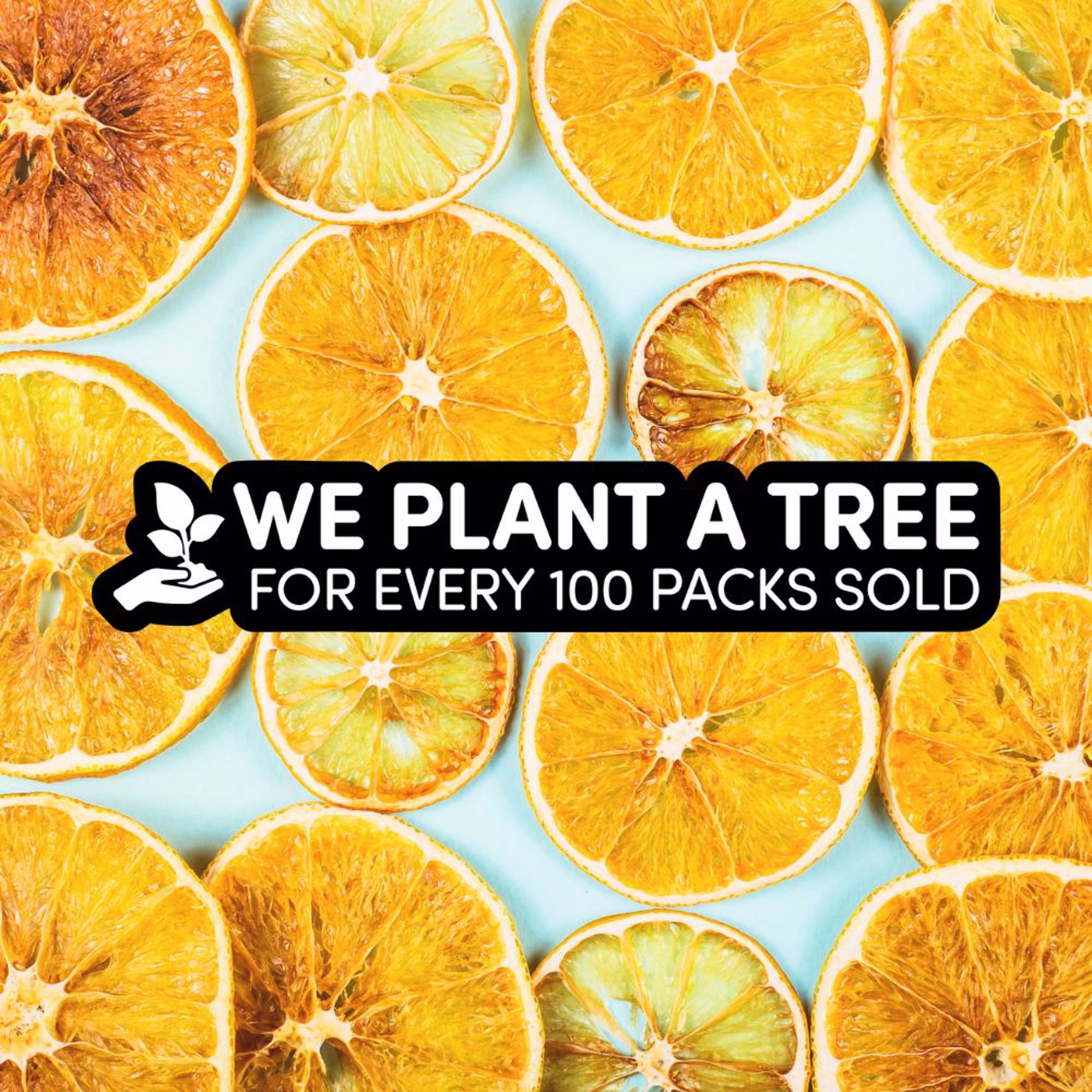 Slices of dried oranges cover the entire background. In the center, bold black and white text overlay reads, "We plant a tree for every 100 packs sold," accompanied by an icon of a hand holding a small plant. The overall presentation adds a touch of brass warmth to the cool blonde aesthetic of Oiamiga's #10.21 Pearl Blonde Permanent Hair Dye.