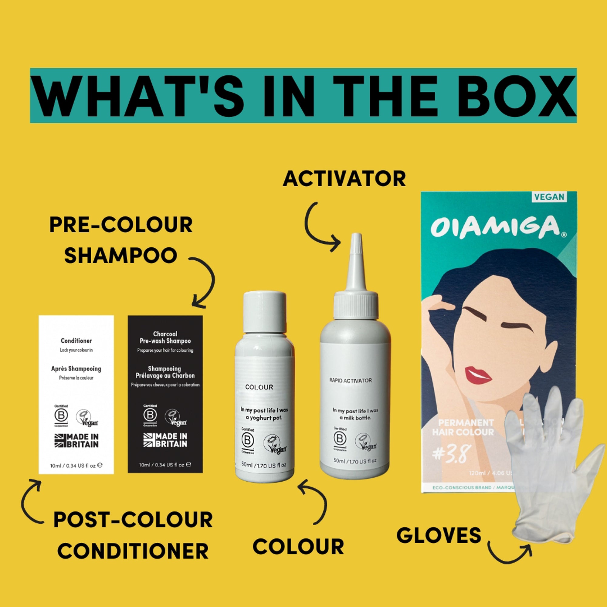 An image displays the contents of a permanent hair dye box against a yellow background. Text at the top reads "WHAT'S IN THE BOX." Below are images showing the components included in the carton: pre-colour shampoo, post-colour conditioner, colour, activator and gloves.