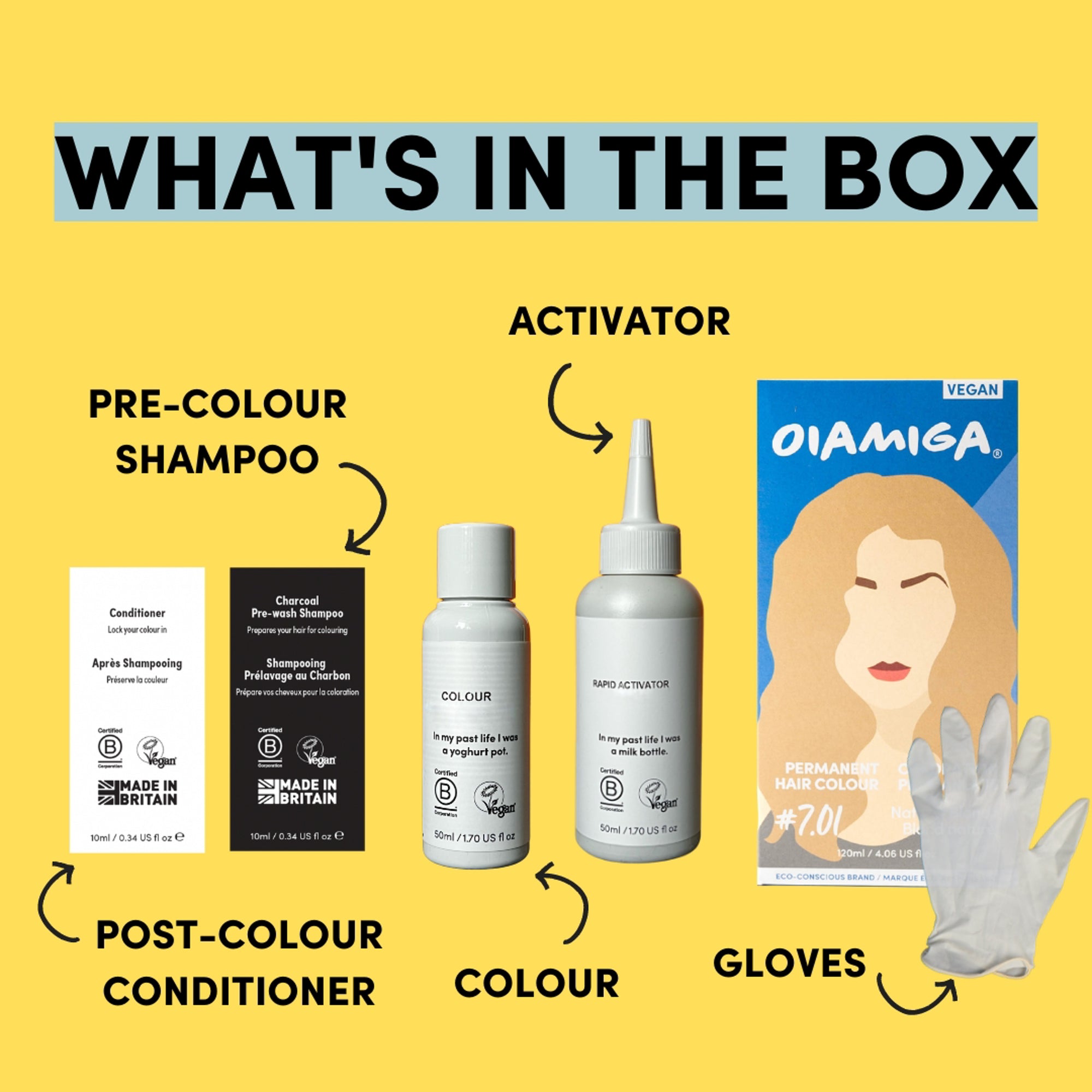 An image displays the contents of a permanent hair dye box against a yellow background. Text at the top reads "WHAT'S IN THE BOX." Below are images showing the components included in the carton: pre-colour shampoo, post-colour conditioner, colour, activator and gloves.