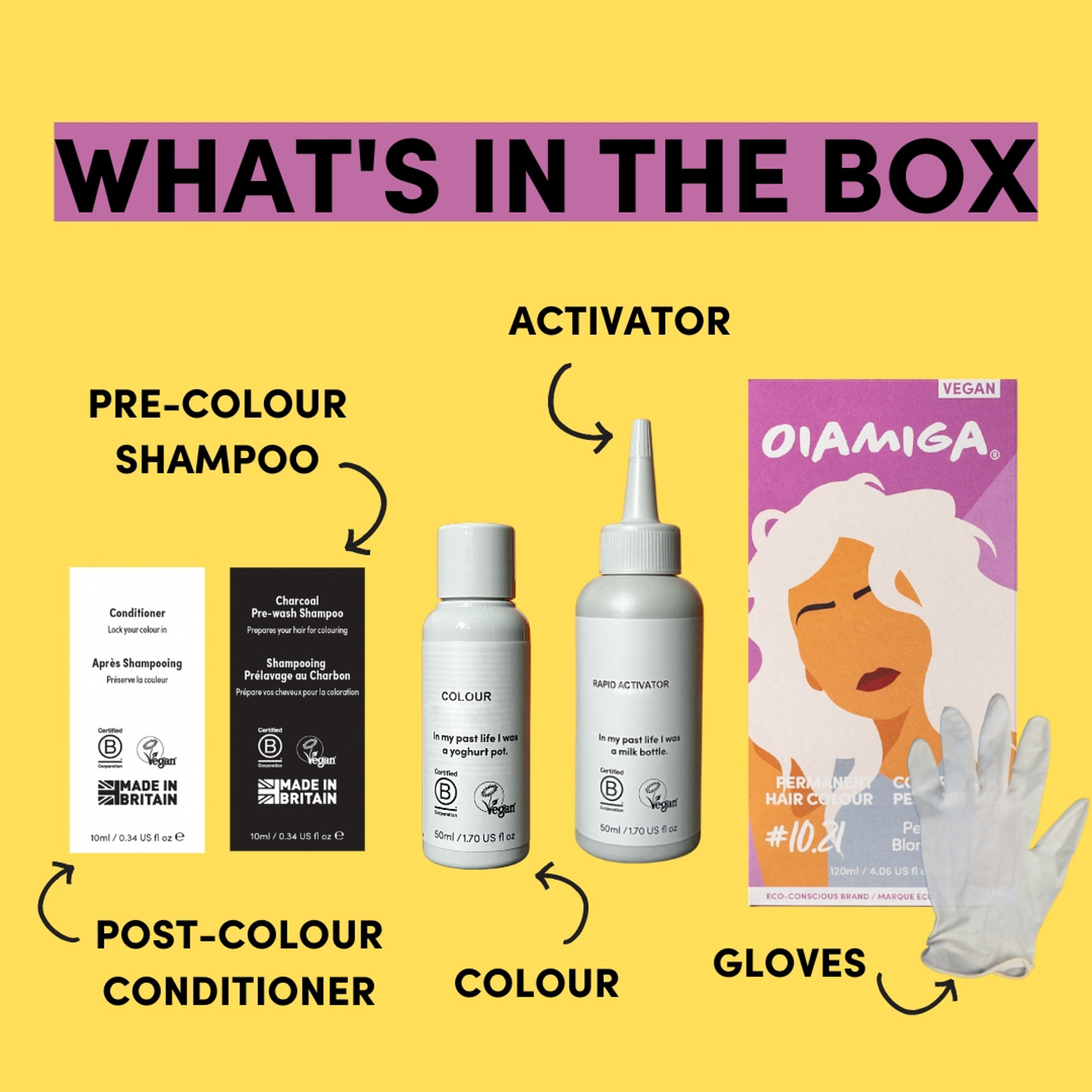 An image displays the contents of a permanent hair dye box against a yellow background. Text at the top reads "WHAT'S IN THE BOX." Below are images showing the components included in the carton: pre-colour shampoo, post-colour conditioner, colour, activator and gloves.